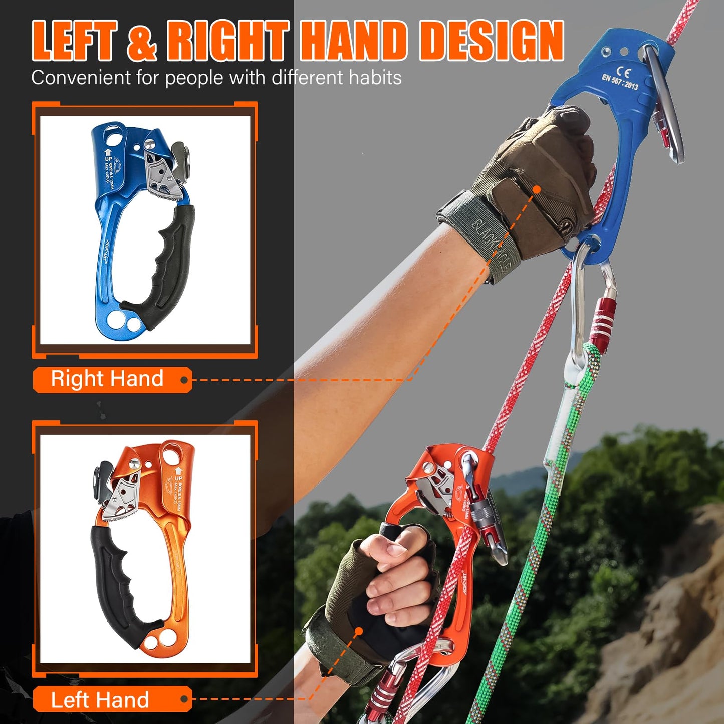 50KN Rescue Figure 8 Descender High Strength Aluminum Alloy Hand Ascender with Ergonomic Rubber Handle Strong Rappelling Gear Equipment for Rock Climbing Tree Arborist Rescue Mountaineering Caving