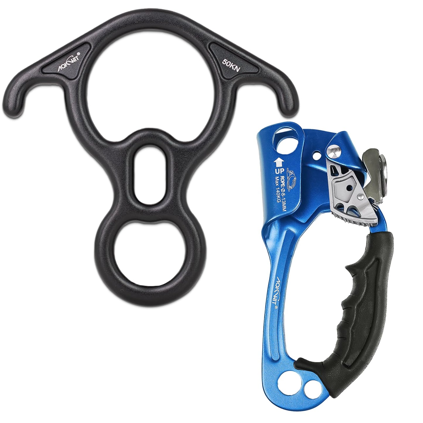 50KN Rescue Figure 8 Descender High Strength Aluminum Alloy Hand Ascender with Ergonomic Rubber Handle Strong Rappelling Gear Equipment for Rock Climbing Tree Arborist Rescue Mountaineering Caving
