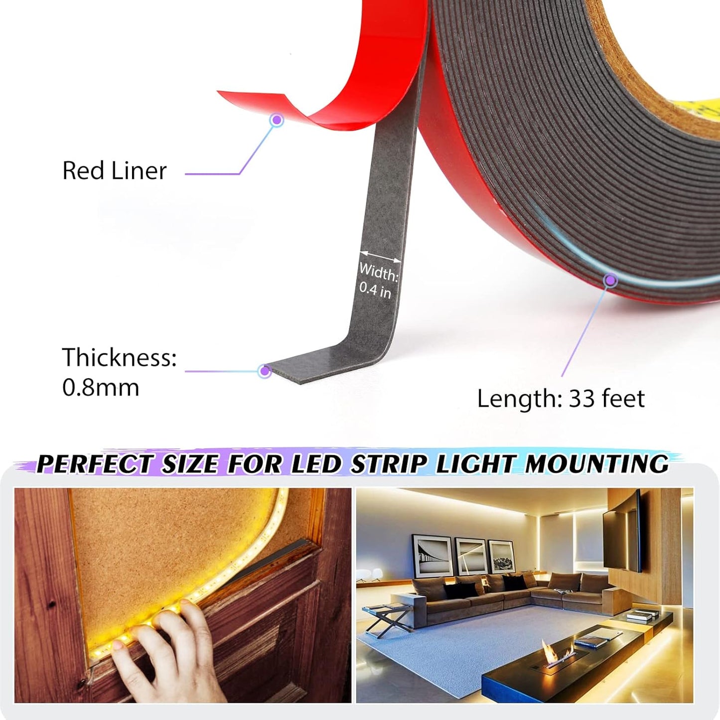 EMITEVER Double Sided Tape 33FT x 0.4IN Mounting Tape