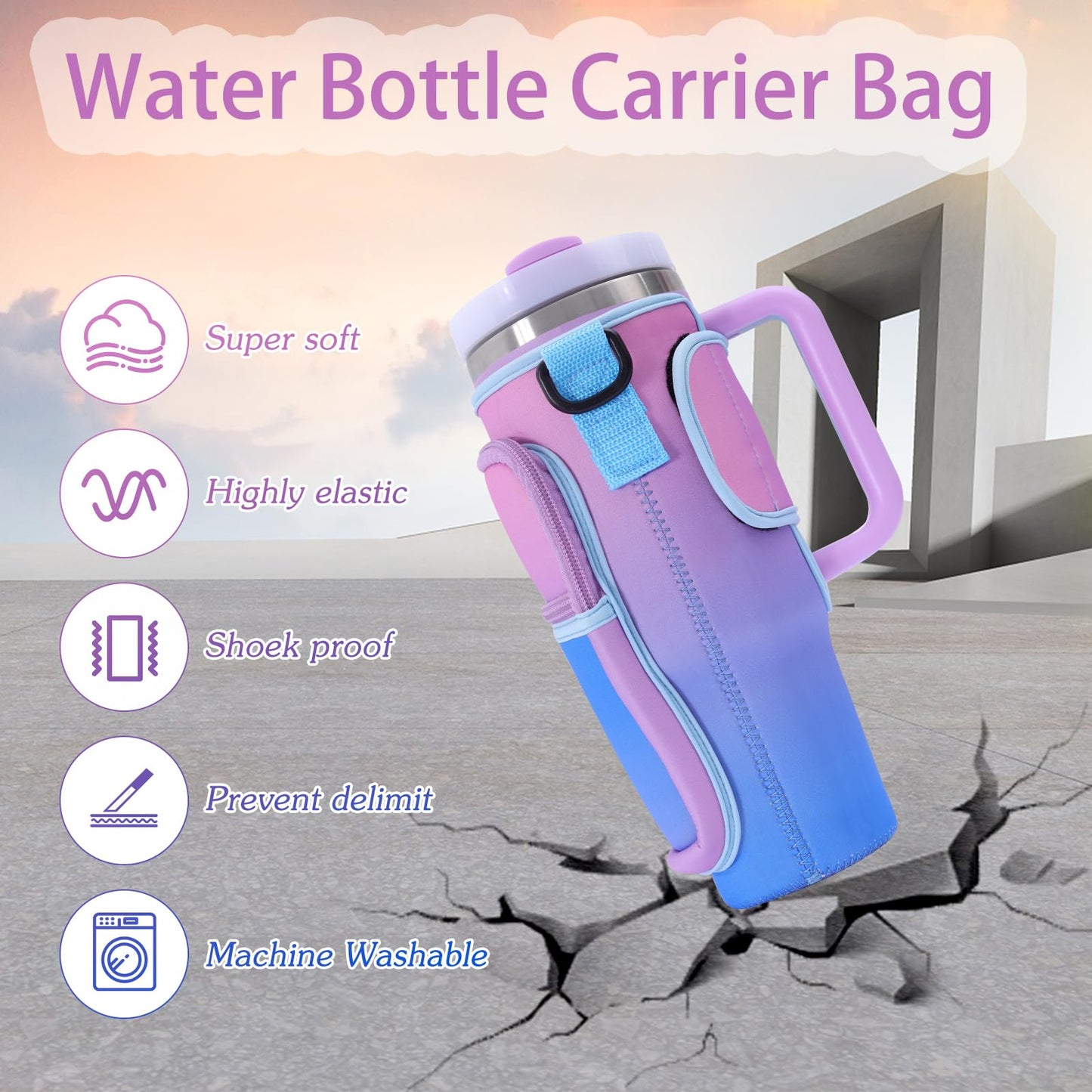 Jecten Water Bottle Carrier Bag Fit for 40oz Stanl-ey Tumbler with Handle, Water Bottle Holder Bag with Adjustable Shoulder Strap for Hiking Travelling Camping (Gradual Purple)