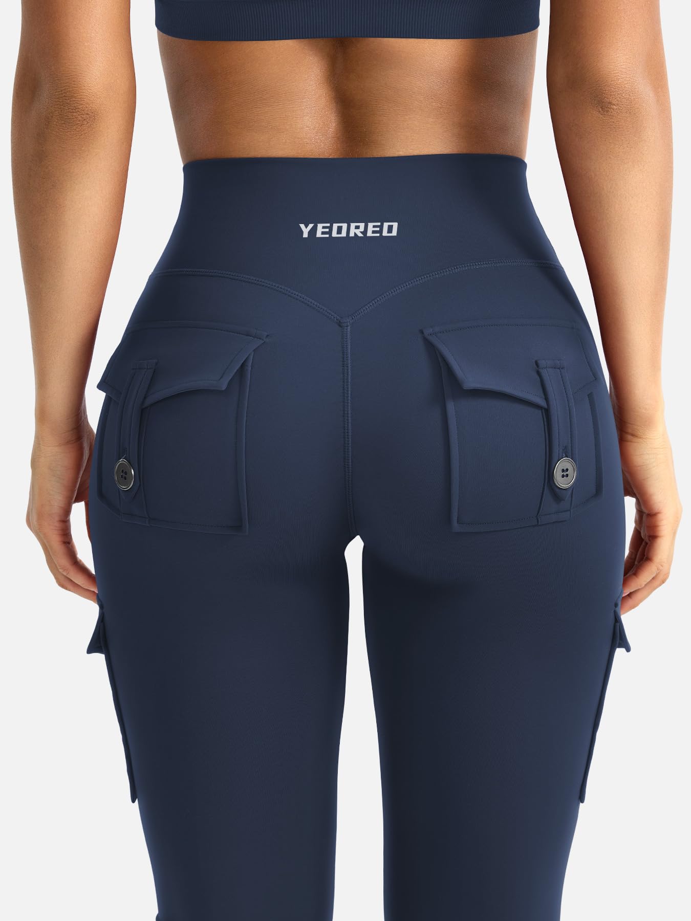 YEOREO CoreFlex Women Workout Flare Leggings with Pockets Hidden Scrunch High Waisted Cargo Gym Yoga No Front Seam Leggings Blue Navy XS