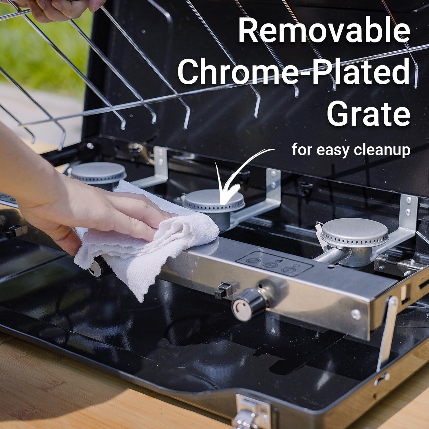 FineFlame Camping Stove, 3 Burner Propane Portable Camp Stove with Regulator, Push-Button Instant Ignition, Portable Camp Grill, Adjustable Burners for Car Camping Outdoor Cooking (BLACK-19800 BTUs)