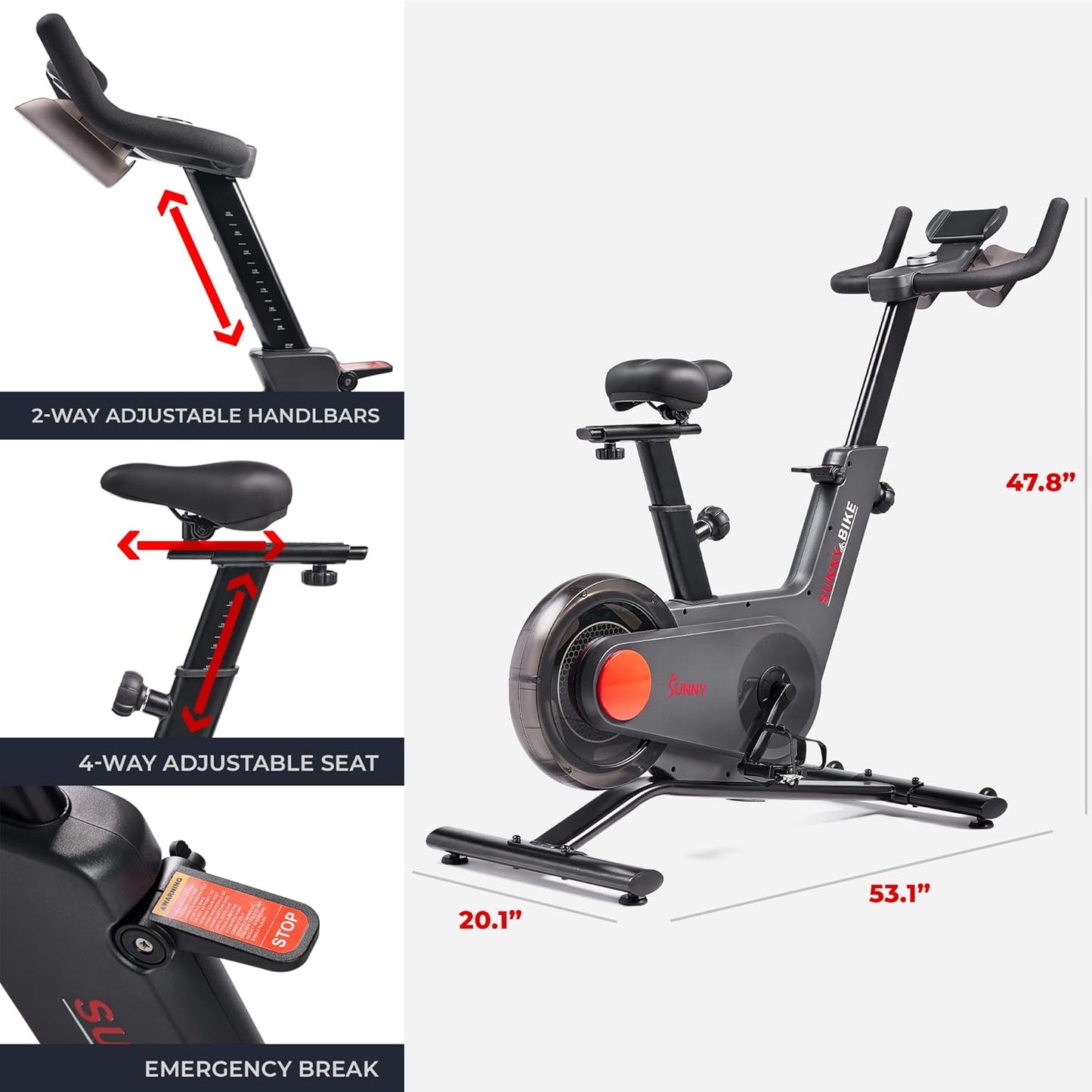 Sunny Health & Fitness Indoor Intensive Cycling Exercise Bike, Adjustable Cardio Training Exerciser w/Emergency Brake for Home, Optional Free SunnyFit App Bluetooth Link + Electromagnetic Resistance