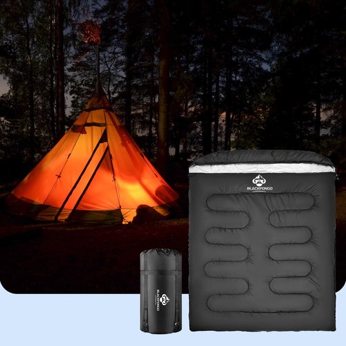 Blackpongo Double Sleeping Bag for Adults Men Women, XL Queen Size Two Person Sleeping Bag for All Season Camping Hiking Backpacking 2 Person Sleeping Bags for Cold Weather & Warm (Black)