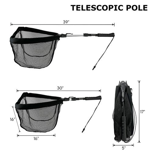 Black Paw Floating Fishing Net Foldable Fish Landing Net with Built in Length Scale Rubber Coated with Neoprene Foam - Black (Telescopic Pole)