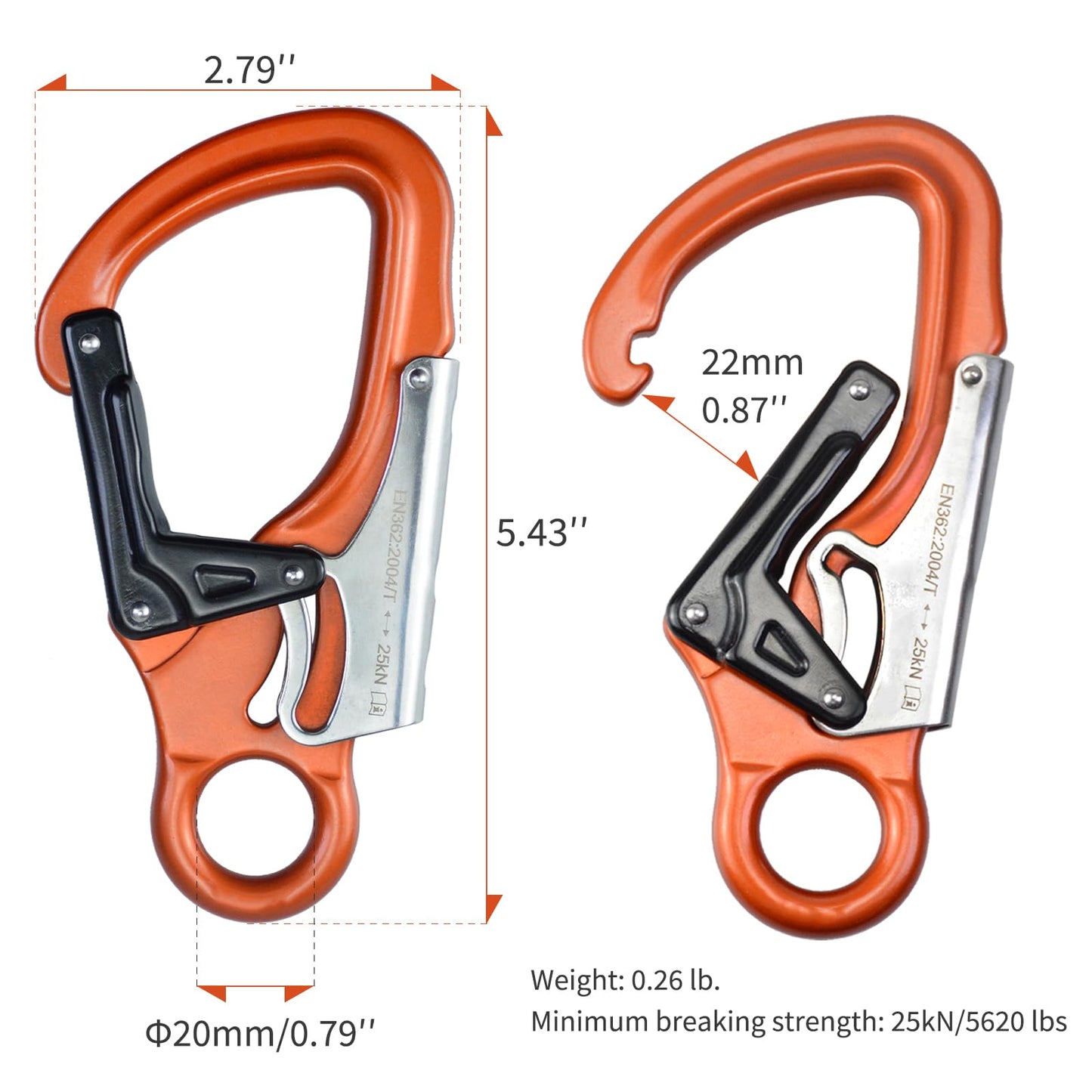 S.E.PEAK 25kN Aluminum Snap Hook, Lightweight Double Lock Captive Eye Forged Hook Clip, Rescue Gear Equipment for Climbing, Tree Work