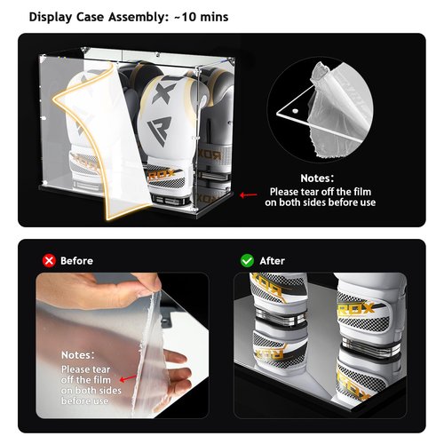 KOLIPI Boxing Glove Display Case with Mirror Back and Base, Acrylic Display Case with Stand for Full Size Boxing Glove, Watch The Video to Assemble (17x8x13 inch, 43x20x33 cm)