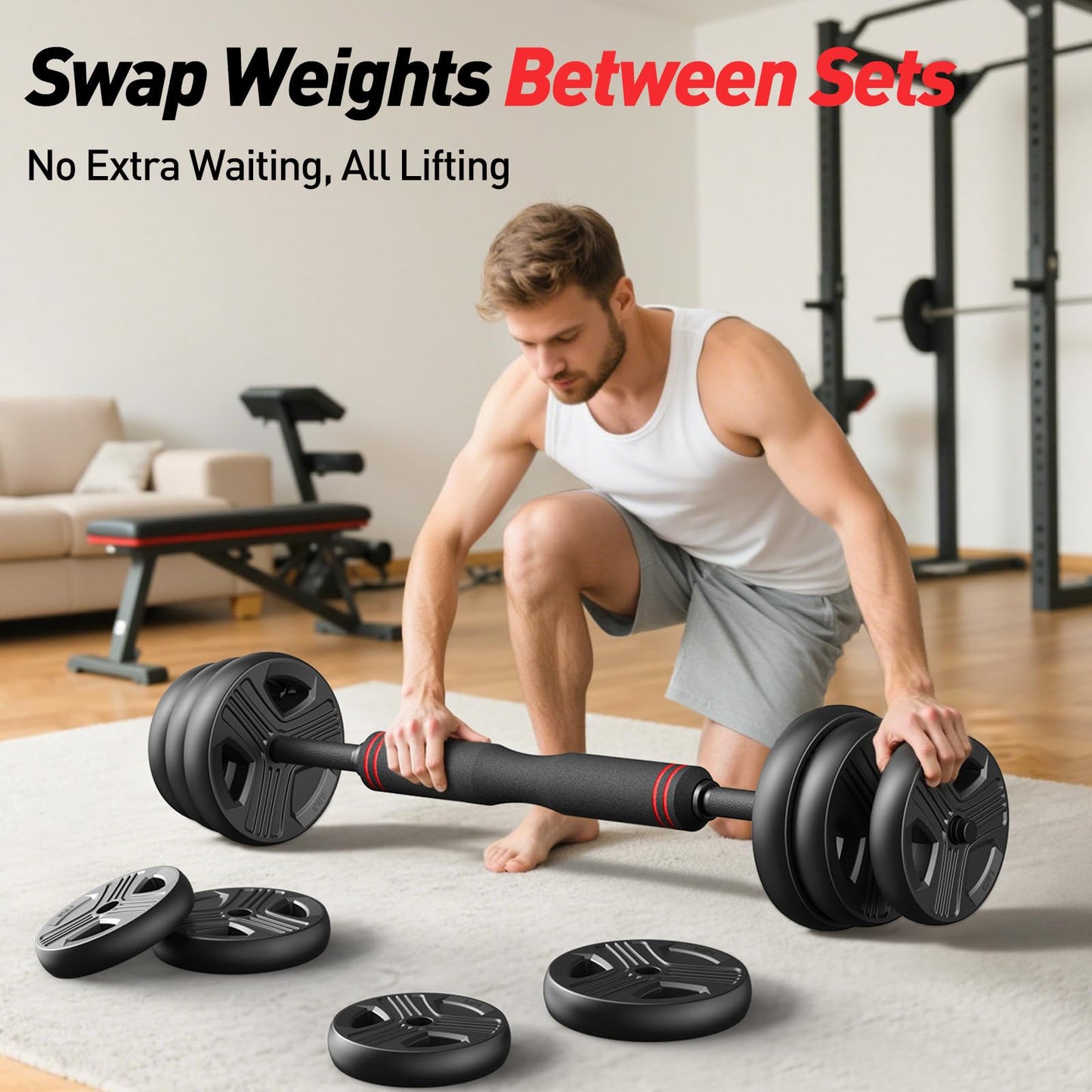 FITPLAM 4 in 1 Adjustable Dumbbell Weight Set, 45lbs Free Weights with Upgraded Nut, Used as Kettlebells, Barbell, Push Up Stand for Home, Gym, Fitness, Exercise, Suitable Men/Women, Black