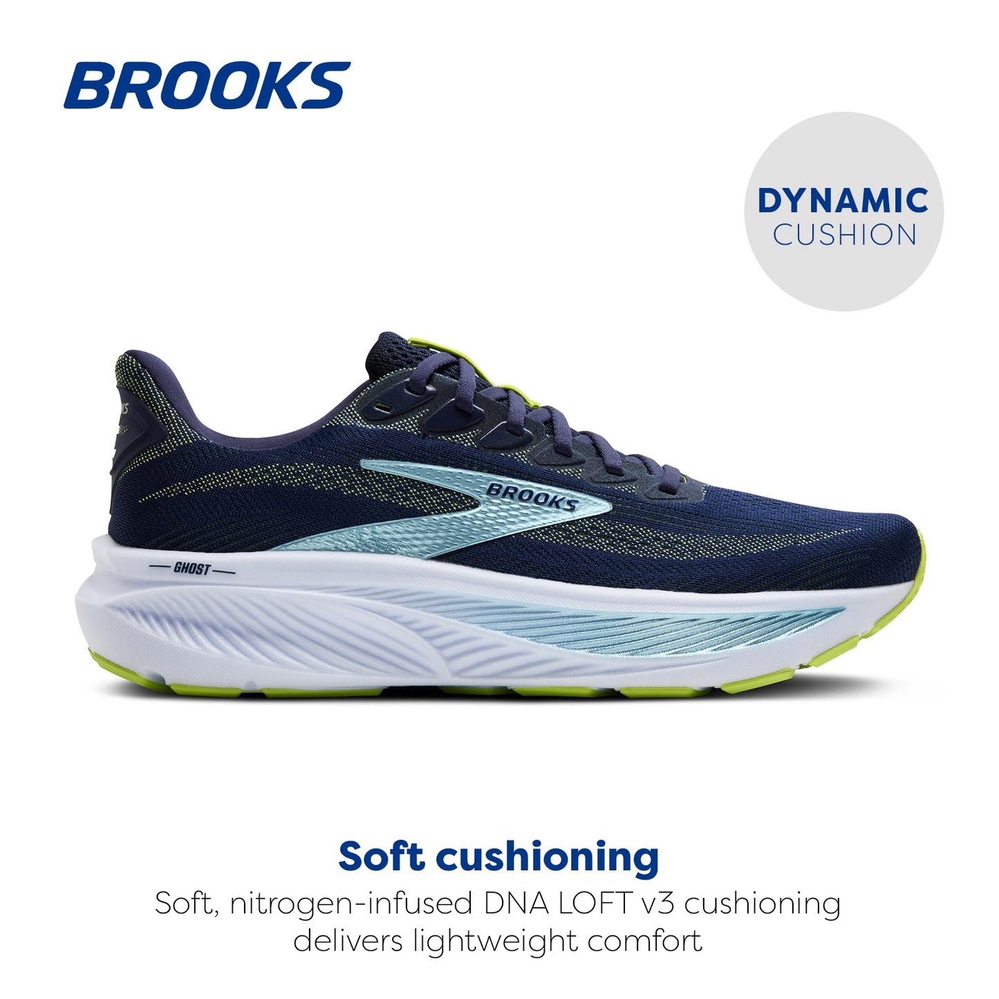 Brooks Men’s Ghost 17 Neutral Running Shoe - Peacoat/Lime/Blue - 8.5 Medium