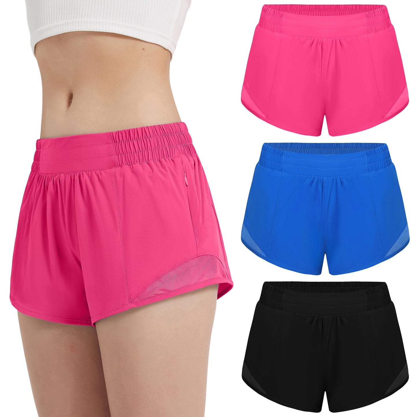 EXARUS 3 Pack Girls Athletic Shorts Running Track Workout with Liner Zipper Pocket Lightweight Elastic Waist Gym Sports 2.5" Black Blue Pink 12Y