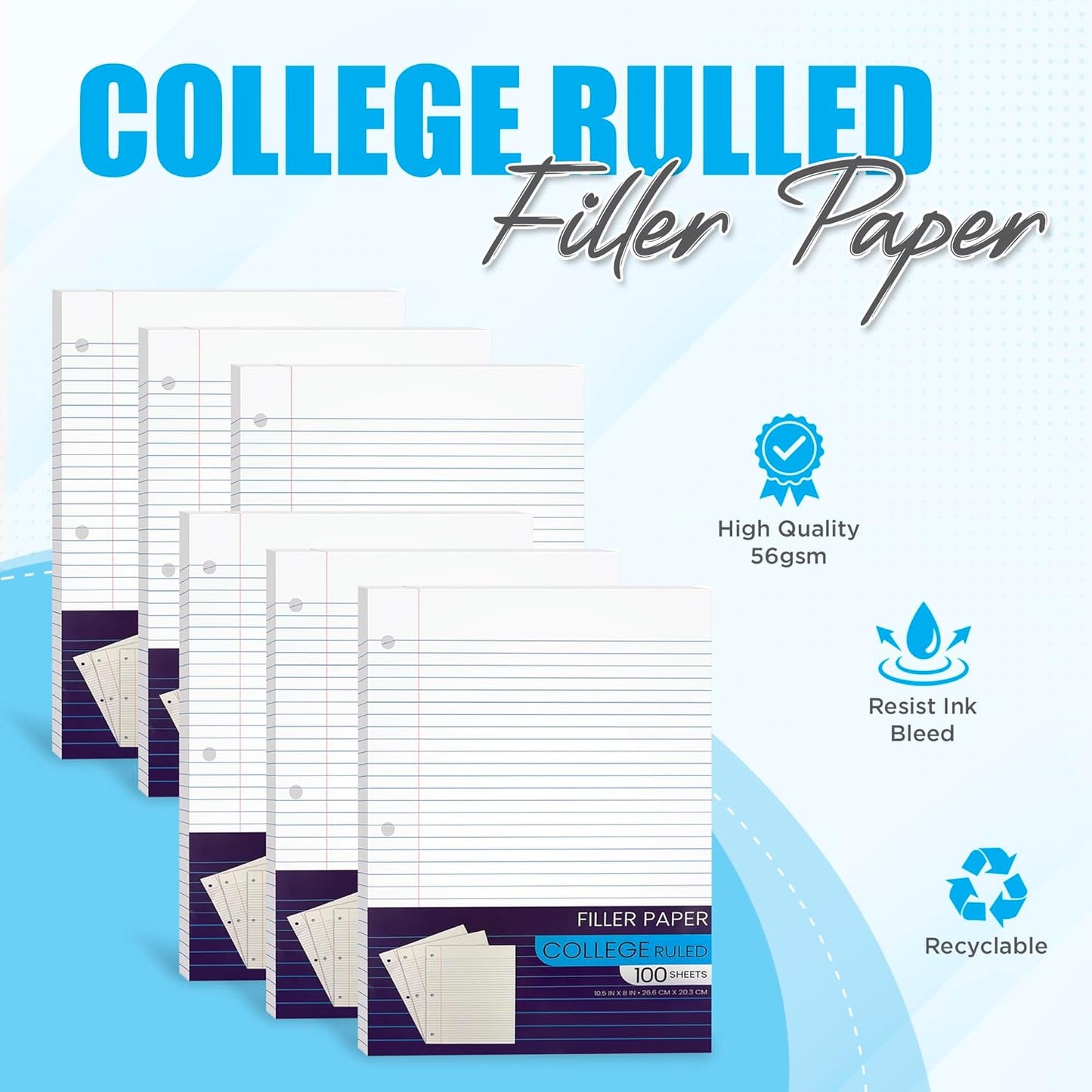 Notebook Paper College Ruled, Loose Leaf Paper for 3 Ring Binders - 10.5' X 8", for Students, School Classroom - 100 Sheets/Pack (2 Pack)