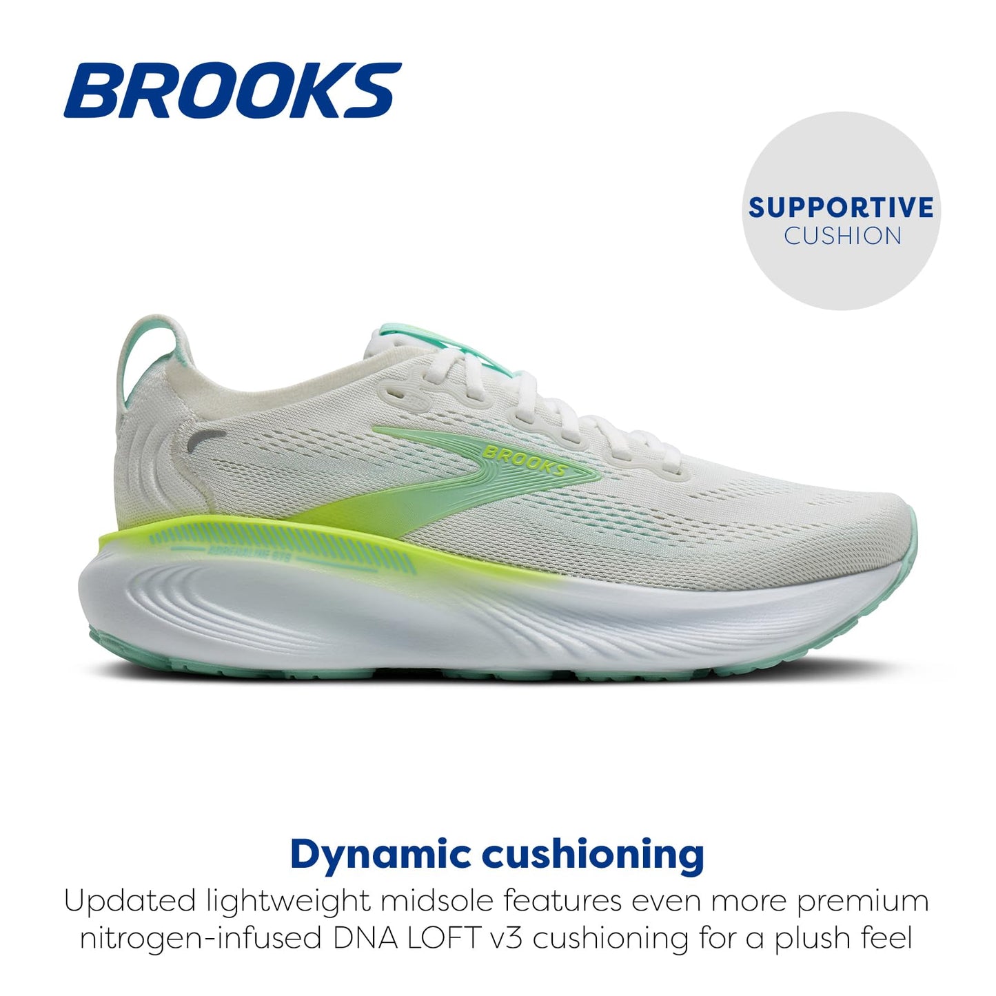 Brooks Women’s Adrenaline GTS 25 Supportive Running & Walking Shoe - White/Nightlife/Yucca - 6 Medium