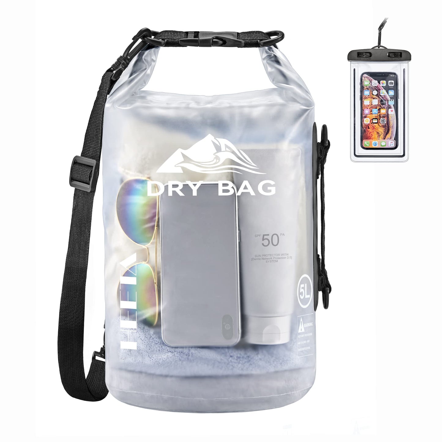 HEETA Dry Bag Waterproof for Women Men, Roll Top Lightweight Dry Storage Bag Backpack with Phone Case for Travel Swimming Boating Kayaking Paddle Board Camping Beach Accessories (White, 30L)