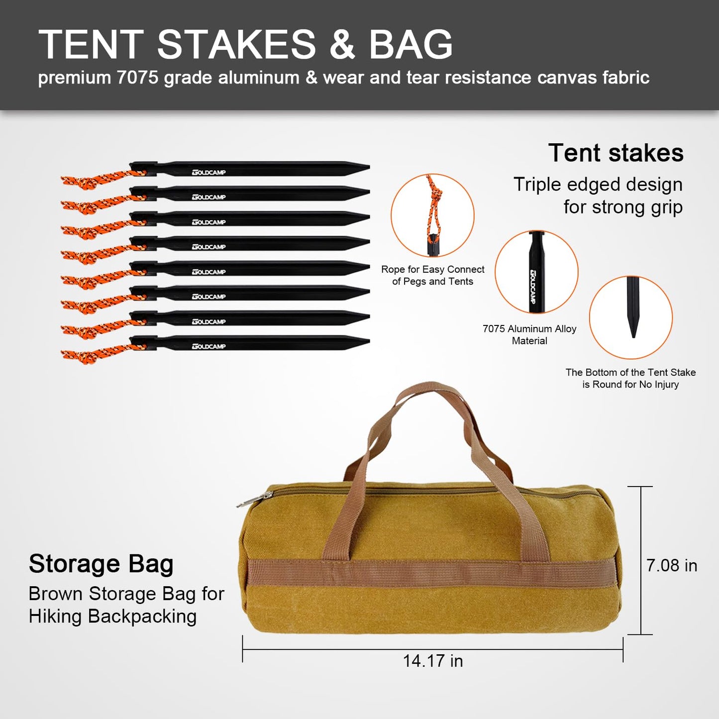 8 Pack Tent Stakes and Hammer with Canvas Storage Bag, Heavy Duty Camping Stakes for Outdoor Tent & tarp-Essential Accessories, Carbon Steel Aluminum Camping Hammer for Hiking Kit