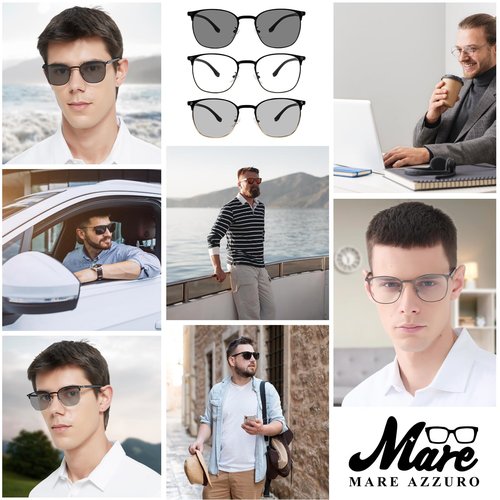 MARE AZZURO 3 Pack Photochromic Sunglasses Men Fashion Metal Blue Light Blocking Glasses Cool Sun Shades UV400 Protection