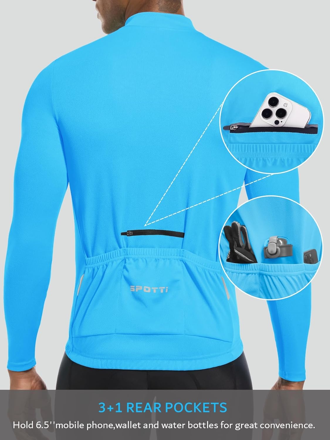Spotti Men's Cycling Bike Jersey Long Sleeve with 3 Rear Pockets - Moisture Wicking, Breathable, Quick Dry Biking Shirt