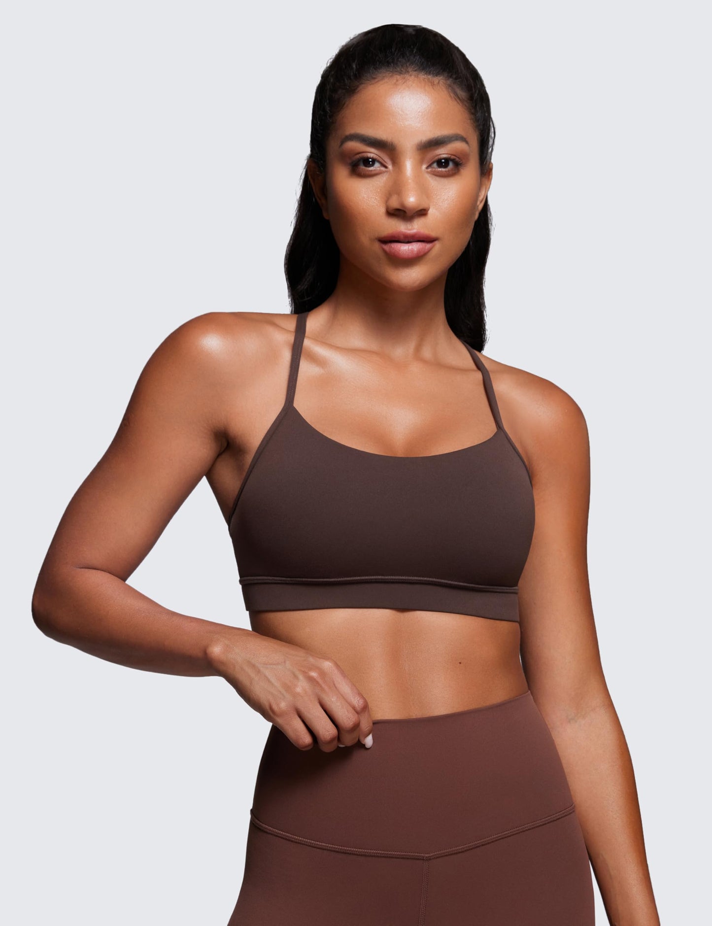 CRZ YOGA Butterluxe Y Back Sports Bras for Women - Padded Racerback Low Impact Spaghetti Thin Strap Workout Yoga Top Hot Fudge Brown Large