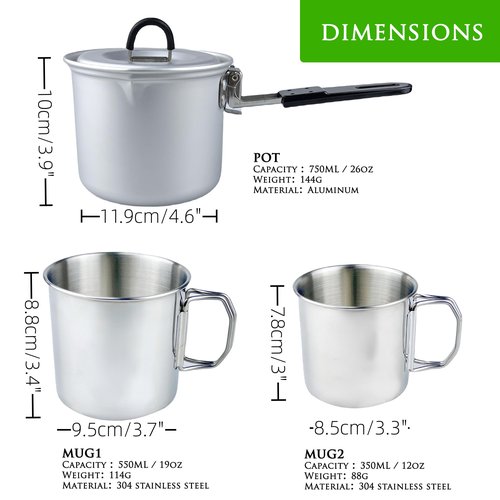 Pubgeer Foldable Camping Pot and Camping Mugs 3Pcs Set Camping Cookware Mess Kit for Backpacking Gear 750ml Pot and 550ml/350ml Cup Lightweight Folding Cooking Set Camping Coffee Pot