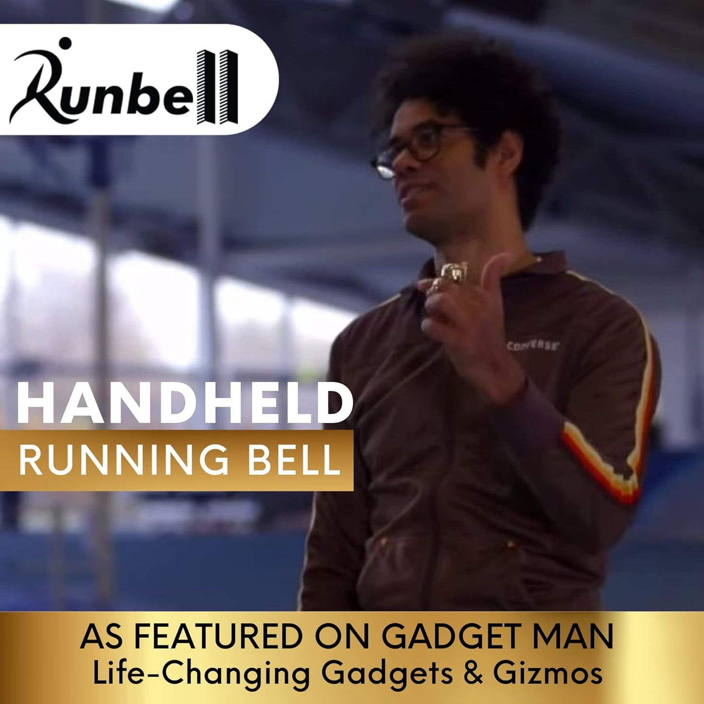 Handheld Running Bell, Wearable Runners Bell for Joggers and Marathoners Alerts Pedestrians to Move Over, Loud Resonant Brass Bell and Hammer on Aluminum Body with Silicone Finger Sizers