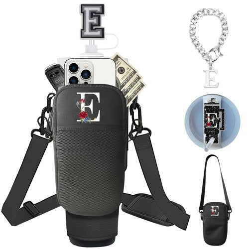 Initial Water Bottle Carrier with Strap for Stanley Tumbler Accessories 40oz 30oz, Stanley Cup Holder with Purse, Charms & Name Plate for Lid & Straw Toppers, Graduation Gifts (E, Black)