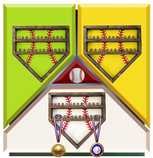 Baseball Softball Basketball Ring Holder - 24 Ring Post Wooden Display Case for Sports Medals - Wall Mount (Yellow)