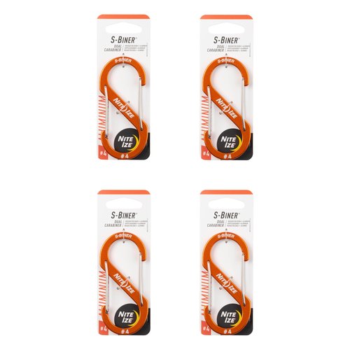 Nite Ize S-Biner Aluminum Dual Carabiner - Durable Dual Carabiner with Wire Gate Closure - Carabiner for Organizing Keys & Gear Attachments - Size 4, Orange (4 Pack)