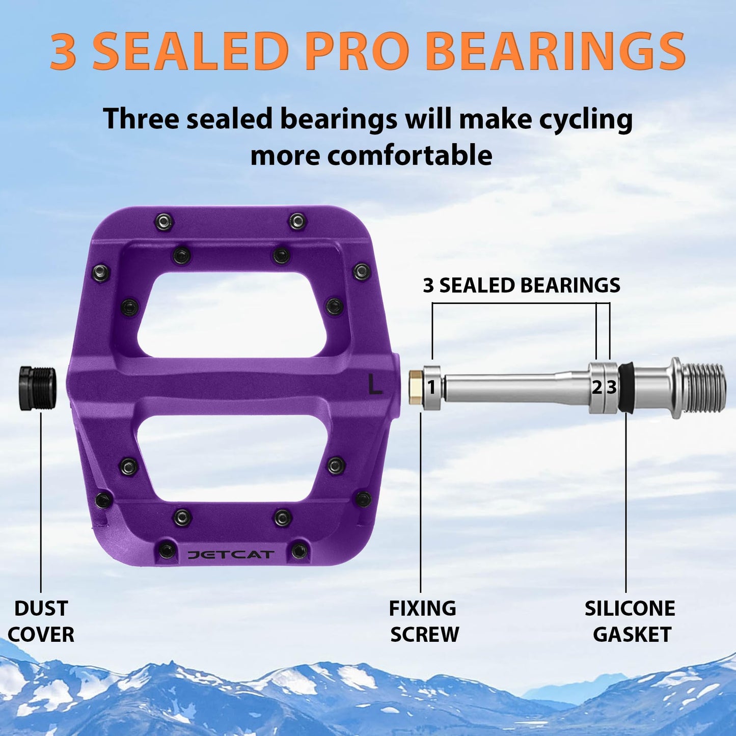 JETCAT Mountain Bike Pedals Flat - MTB Pedals Flat, Bicycle Pedals for BMX/MTN/Road/Gravel/EBike, BMX Pedals, Platform Pedals, Adults & Kids Bike Replacement - Purple 9/16