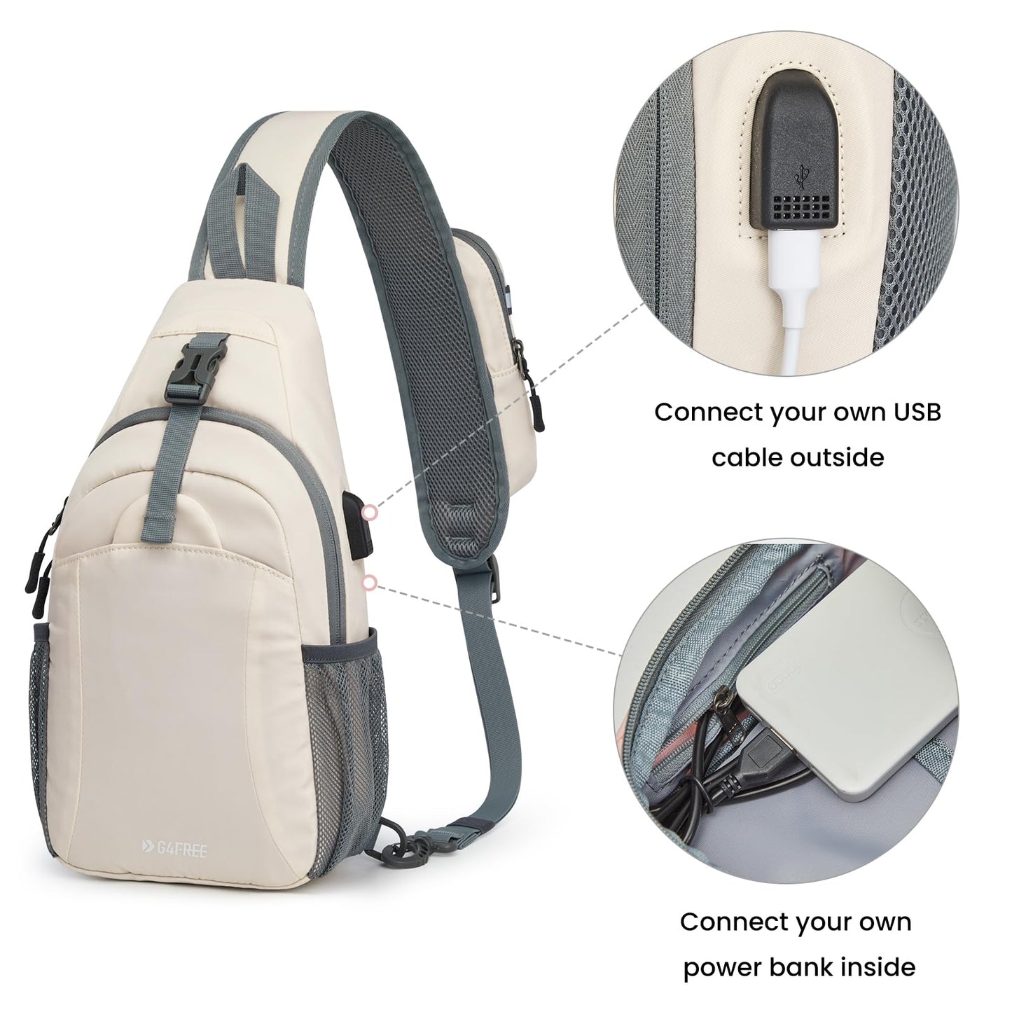 G4Free Sling Bag RFID Crossbody Sling Backpack with USB Charging Port, Travel Hiking Daypack Shoulder Chest Bag for Women Men(Ivory)