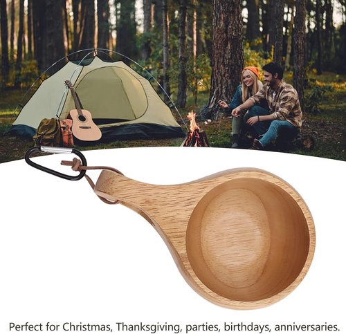 Flimjibg Coffe Mug Portable Wooden Camp Cup with Handle Kuksa Handmade Cool Hot Drinking Viking Mug Unique Natural Wood Grain for Outdoor Travel Hiking Men Women