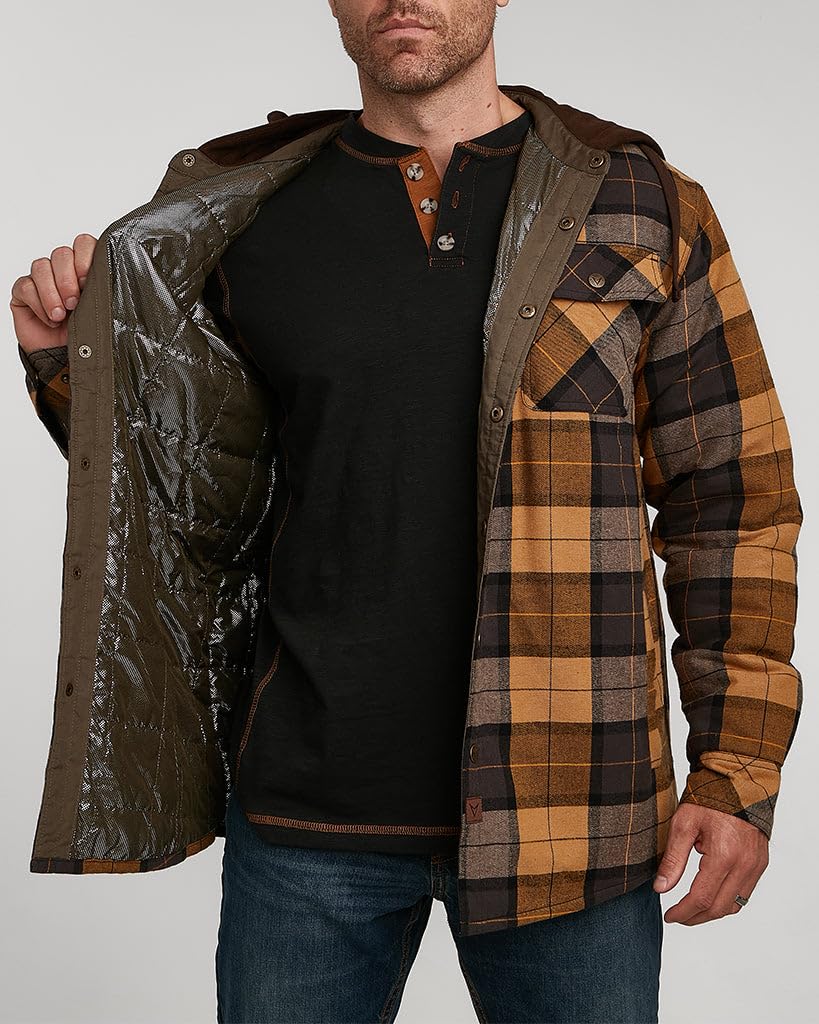 Venado Men's Quilt Lined Flannel Shirt Jacket with Hood - Reflective Winter Coat for Men (Amber, 2XL)