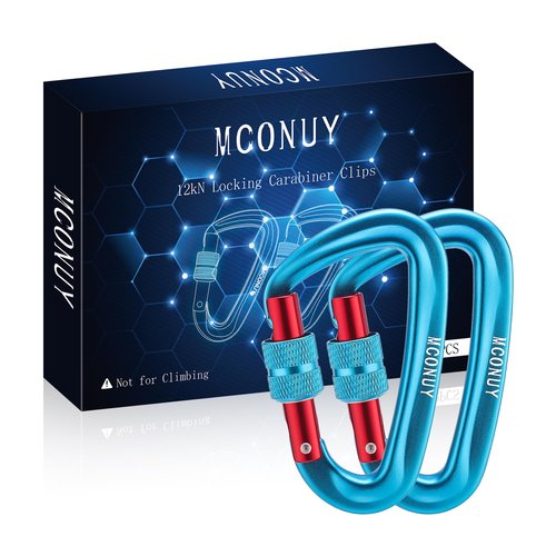 MCONUY 12kN Locking Carabiner Clips, Small Aluminium Carabiners Keychain, Heavy Duty Caribeaners for Camping, Hiking, Hammocks, Swings, Dog Leash, 2 Pcs (Blue)
