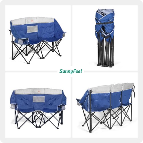 SUNNYFEEL Heated Double Camping Chair, Outdoor Portable Loveseat Chair, Heavy Duty Folding Lawn Chairs with Storage for Beach/Tailgate/Travel/Picnic, Foldable Duo Camp Chairs for Adults 2 People