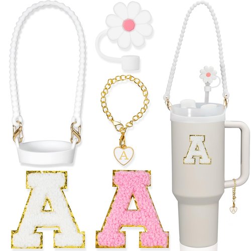 Stanley Cup Accessories Set for 40oz & 30oz Tumblers – Handle Strap, Silicone Straw Covers, Chenille Letter Patches & Letter Charms – Personalize, Protect & Identify Your Stanley Tumbler (Style A)