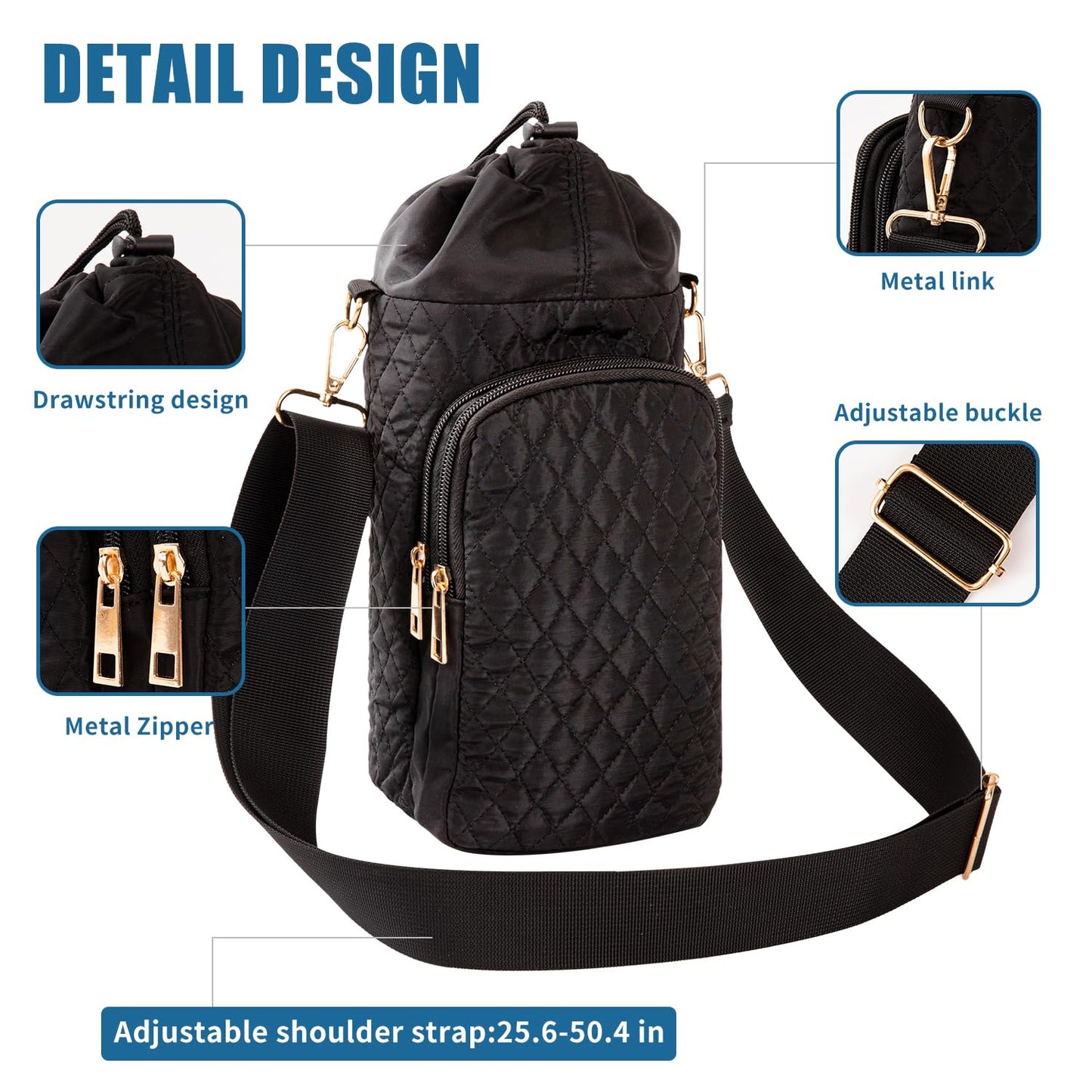AGX Bravo Water Bottle Bag 32/40oz Sports Water Bottle Holder with Strip Water Bottle Sling Crossbody Carrier Bag with Adjustable Shoulder Strap Pockets for Men/Women Walking Hiking (Quilted Black)