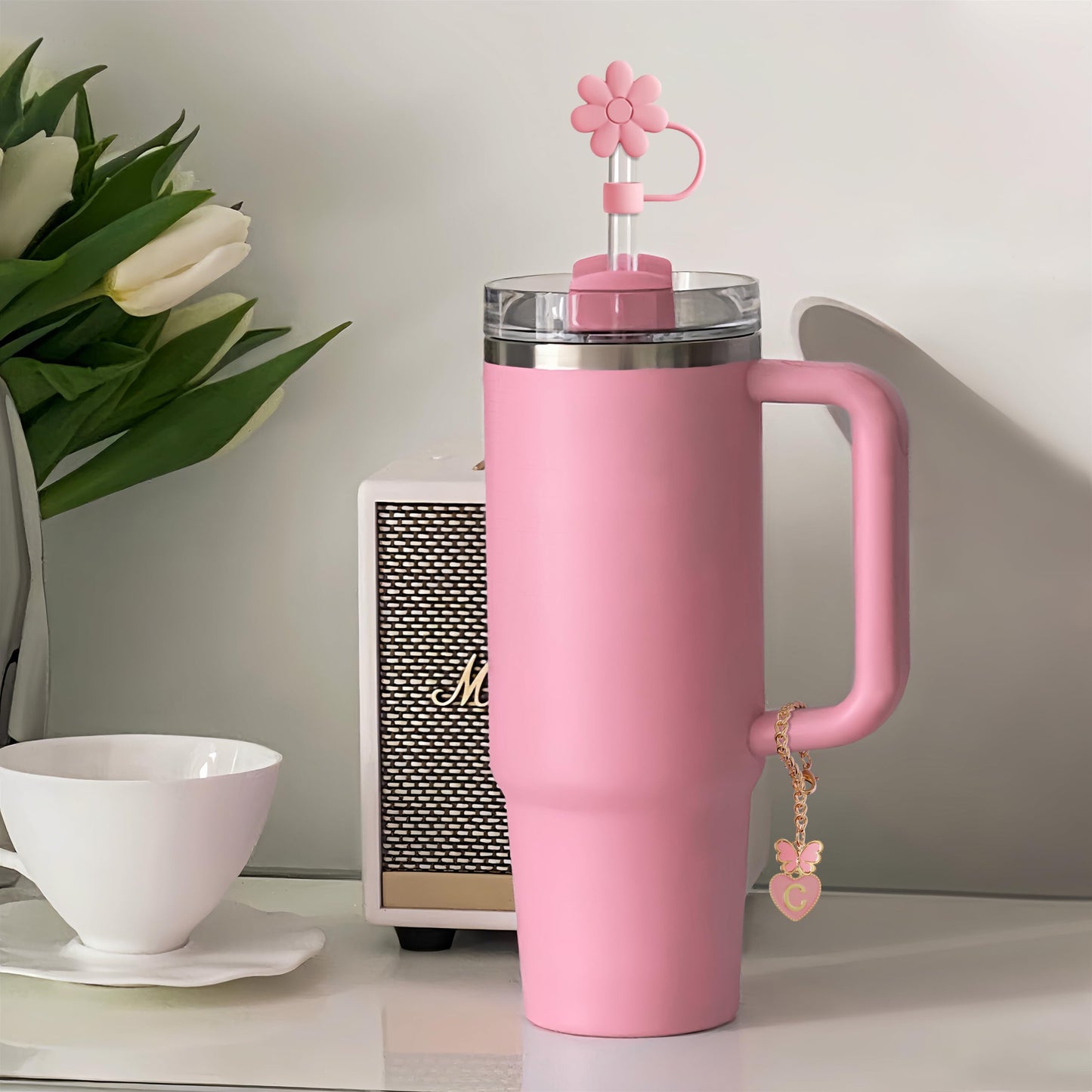 ANLABESY Compatible with Stanley Cup Accessories, 3PCS Hot Pink Straw Toppers for Stanley Cup Straw Cover Cap, 2PCS Cute Letter for 30&40 Oz Tumbler with Handle(A)