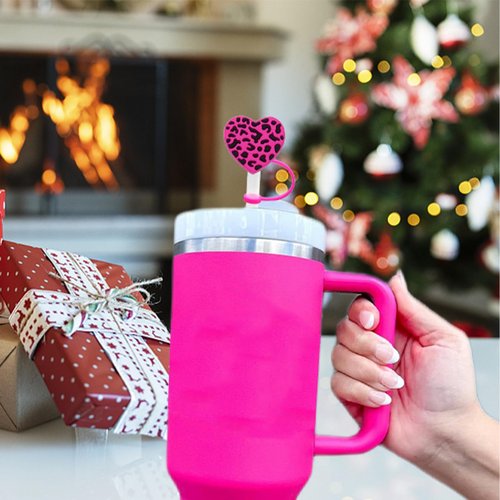 Stanley Cup Accessories 40oz 30oz Tumbler with Handle,Hot Pink Straw Toppers,Leopard Heart Straw Cover Cap for Stanley Cup, Straw Covers for Yeti,Birthday Valentines Day Gifts for Her Girls Women