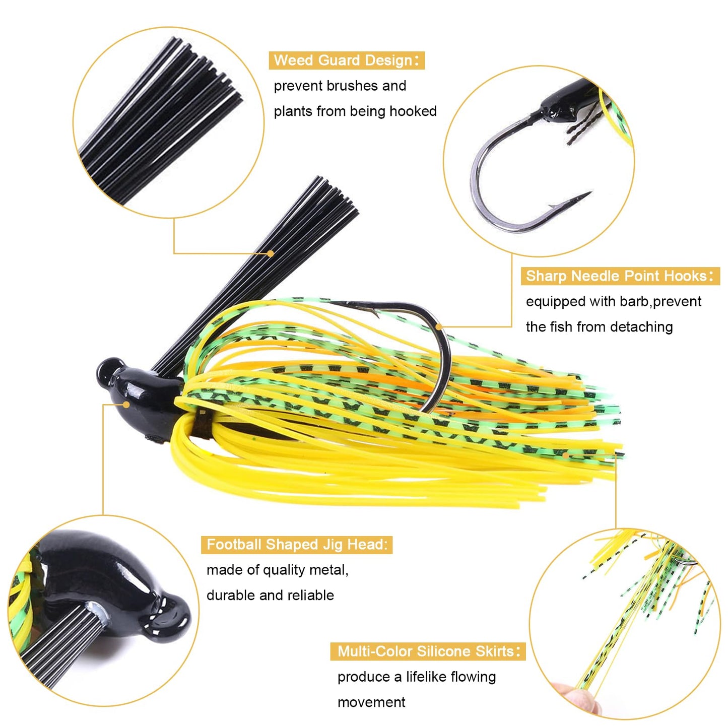 8Pcs Bass Jigs Fishing Lures Weedless Swim Jig with Weed Guard Multicolor Silicone Skirt 10g 3/8 oz Spinnerbait for Bass Pike Trout Saltwater Freshwater Fishing