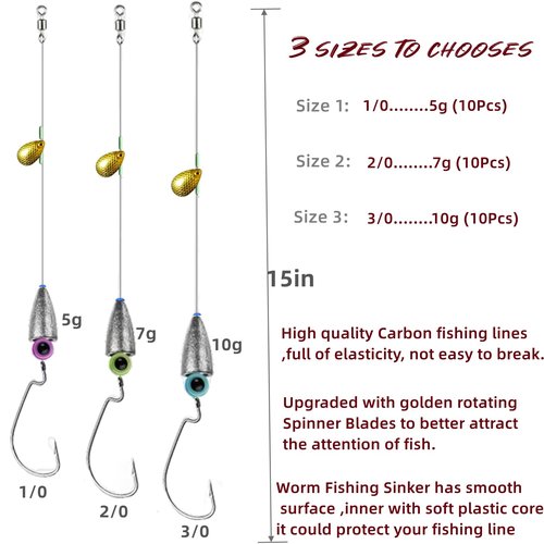 DAMIDEL 10Pcs Fishing Bullet Weights Texas Rigs Ready Kit,Worms, Sinker (10g/7g/5g), Worm Hooks, Carbon line,Spinner Blades，Eye Beads Bait, Fishing Bass Rig Saltwater Freshwater(5g)