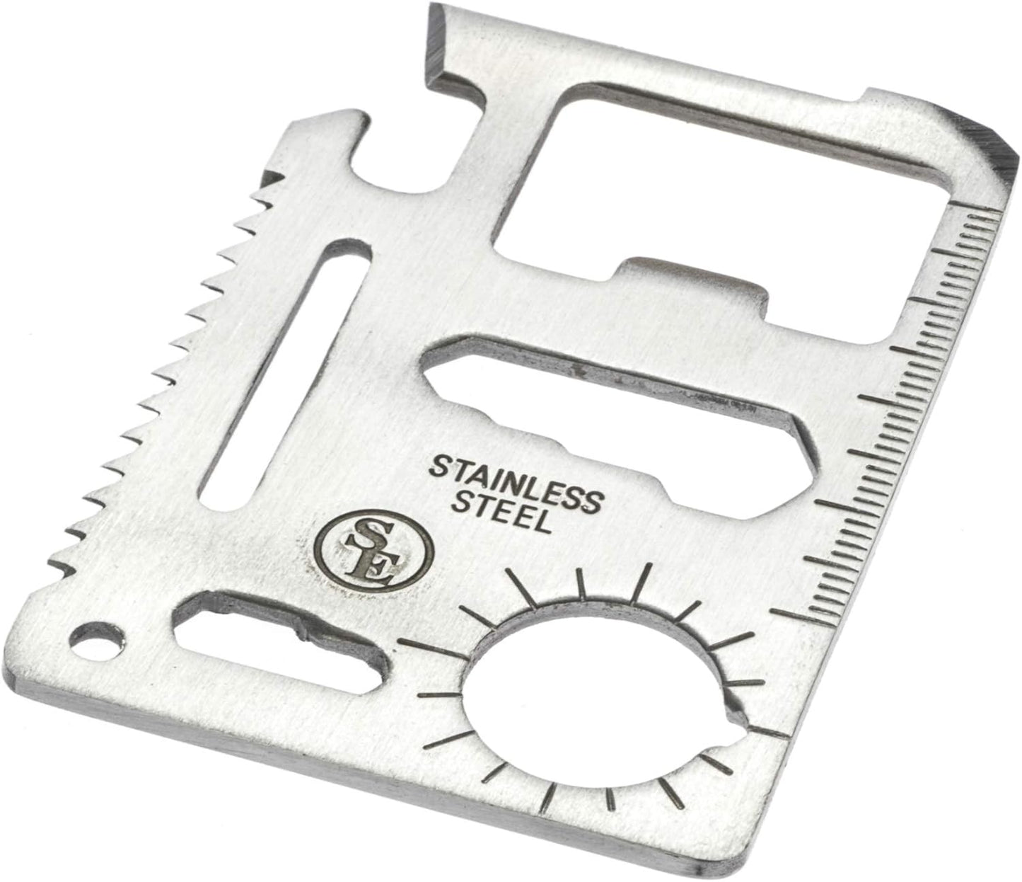 SE 11-Function Stainless Steel Survival Pocket Tool - Compact, Credit Card-Sized Multi-Tool with Leatherette Case - Ideal for Camping, Hiking, and Outdoor Activities- MT908-1