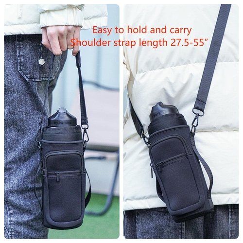 sunkey Water Bottle Carrier Holder Bag with Strap and Pouch Crossbody Water Bottle Sling Bag with Phone Pocket 32 oz for Walking Hiking (Black)
