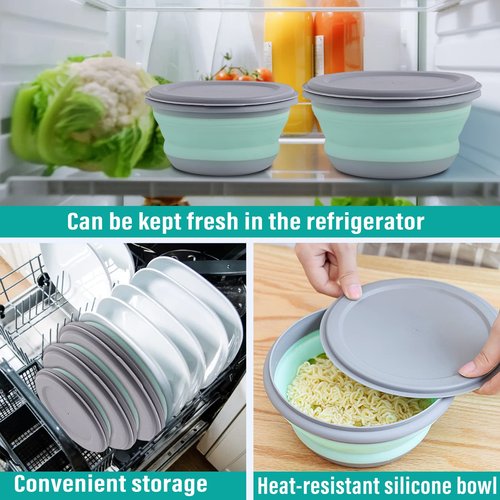 Huntoshon Collapsible Bowls, 3pcs Food Grade Silicone Camping Bowl Salad Bowl with lids, Portable Expandable Lunch Box Food Storage Container for Camping Travel and Picnic,Blue