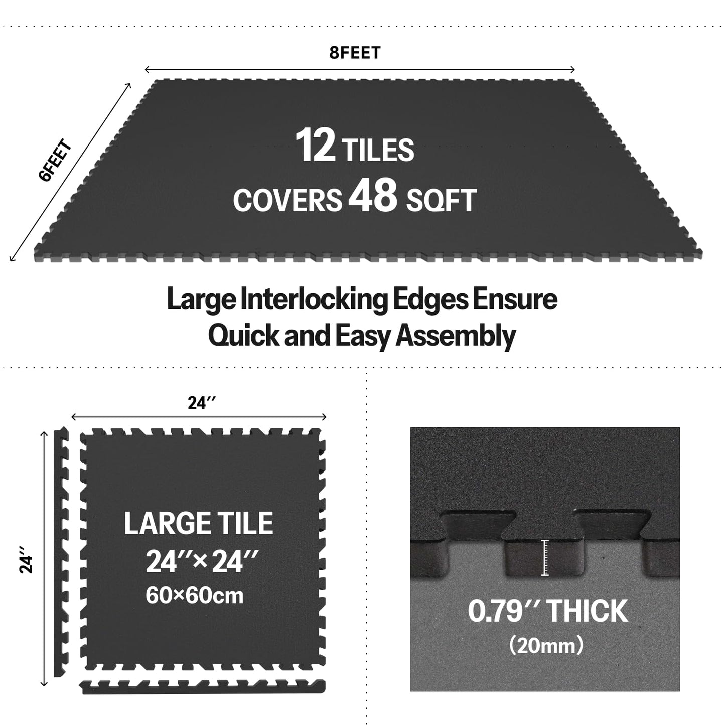AIRHOP 0.79in Thick 48 Sq Ft Exercise Equipment Mats, 12 Tiles Upgraded Rubber Top with High Density EVA Foam, Large Interlocking Puzzle Gym Flooring for Home Gym, Heavy Weight Workout,Black