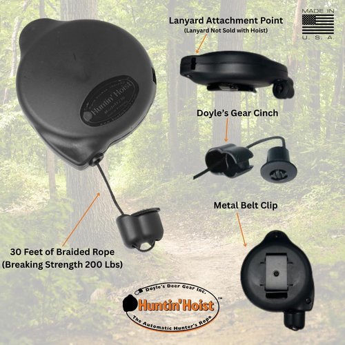 Doyle’s Deer Gear Huntin Hoist | Retractable Bow Hoist for Deer Hunting | Ascending Accessory for Saddle hunting, Elevated Tree Stands, and Deer Blinds | 30 Feet of Nylon Strap