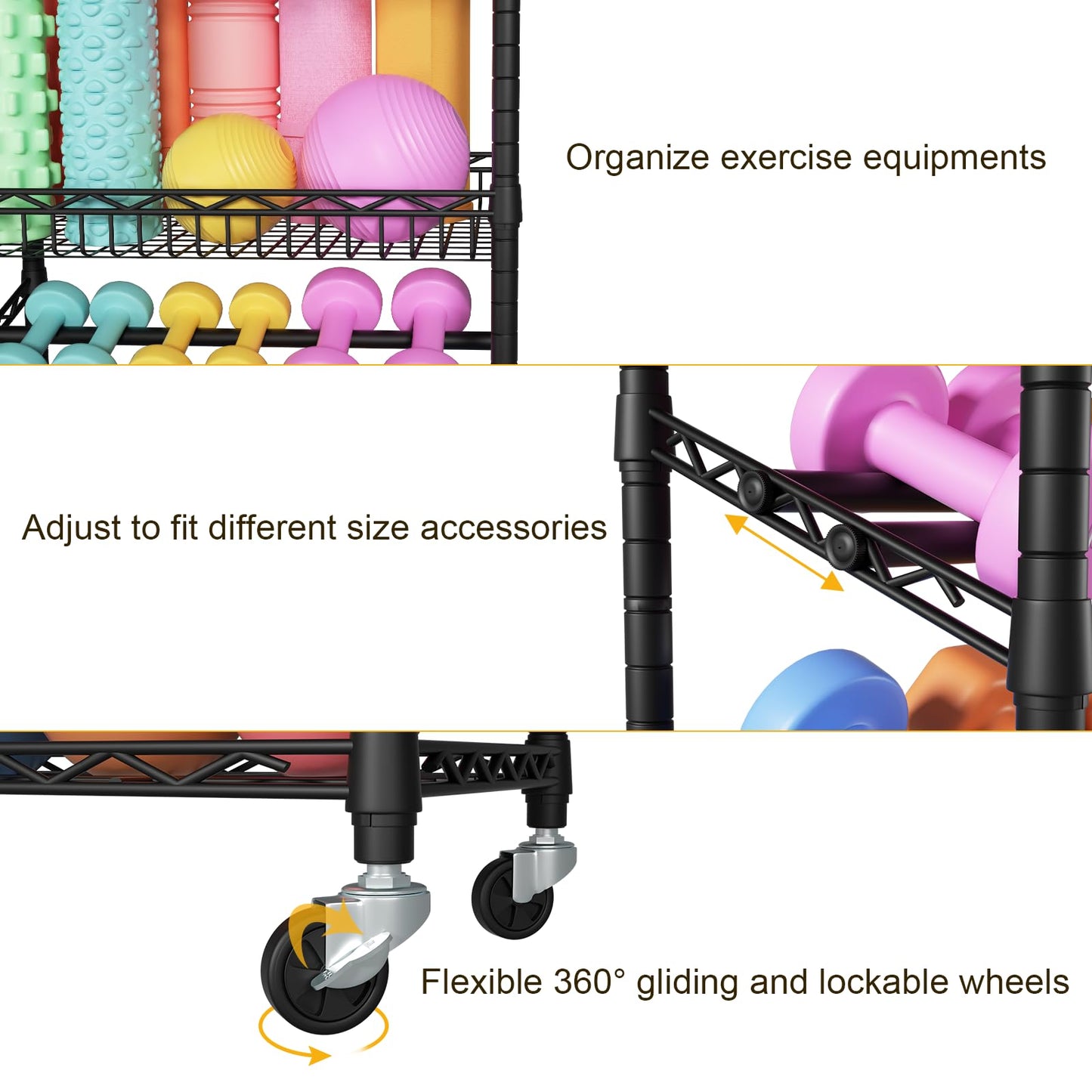FUTASSI S3 Dumbbells Rack Storage Rack, Rolling Home Gym Weight Organizer Rack, Yoga Mat Storage and Workout Equipment Organizers for Gym Studio, Max Load 500 LBS, 34.6"W x 11.8"D x 48.6"H, Black