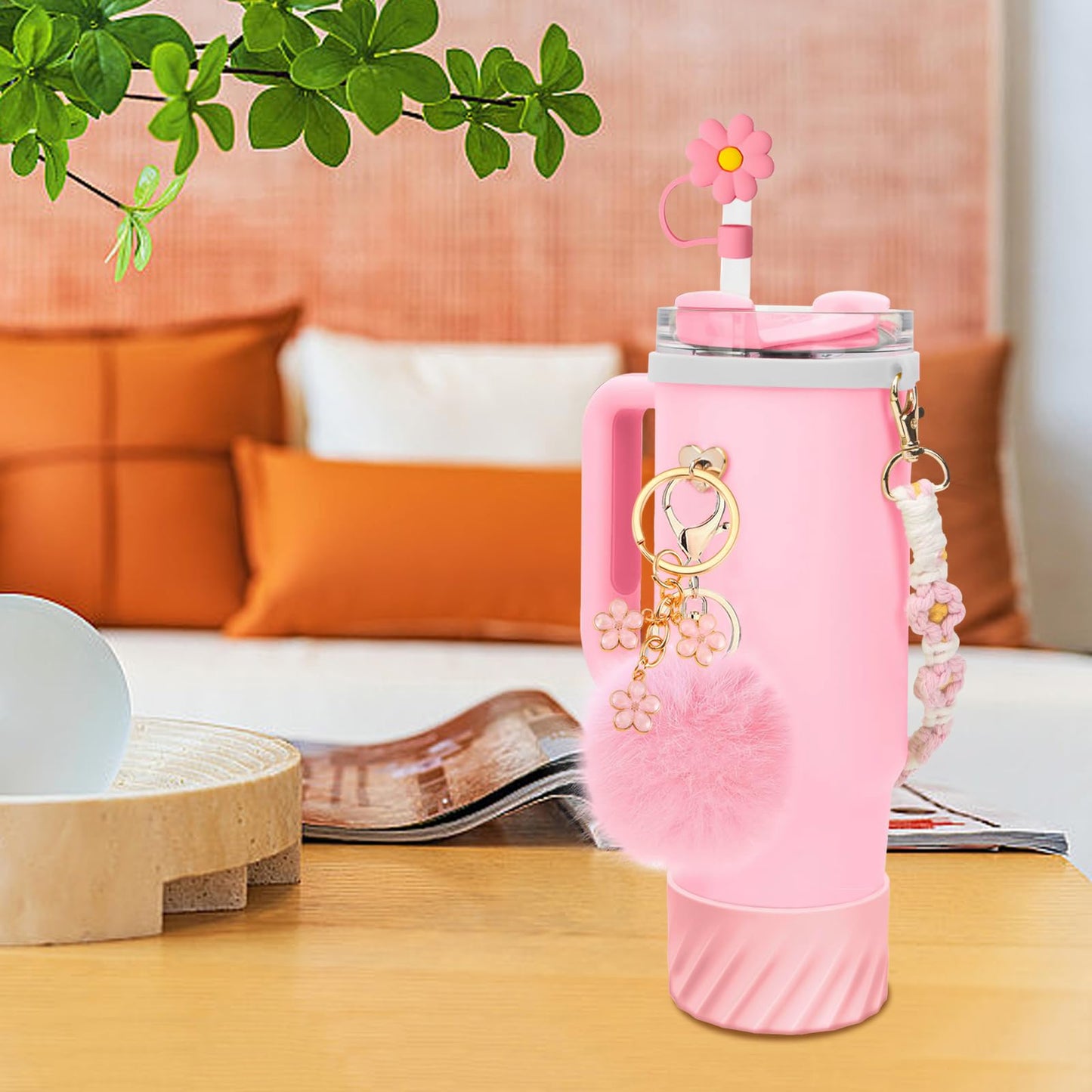 7PCS Accessories Set for Stanley Cup 40 oz 30oz, Including Protective Silicone Boot, Water Bottle Handle Strap, Keychain Charm, Heart Hook, Straw Cover Cap for Stanley Cup Accessories (Pink)