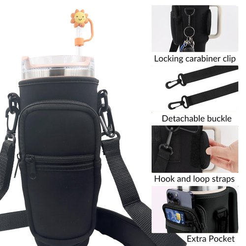 UOKIIYUA Water Bottle Carrier Bag Compatible with Stanley 40oz Tumbler with Handle, with Adjustable Shoulder Strap and Pocket and Straw Cover, Sports Water Bottle Holder for Hiking
