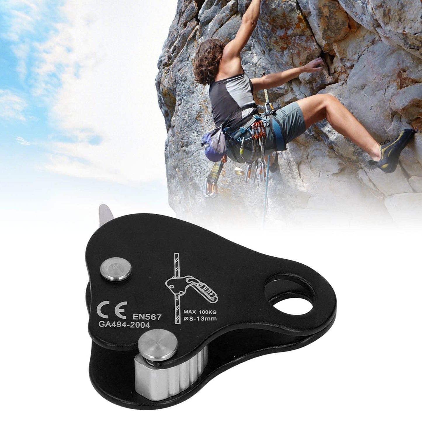 HERCHR Climbing Rope Grab Ascender Riser Adjuster, Self Locking Stop Descender 8‑13mm Climbing Rope Grab Stopper Rescue Rappel Ring Climbing Gear Rocking Fall Arrest Protection Belay Device(Black)