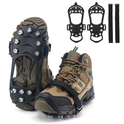 NewDoar Ice Snow Grips Anti-Slip Crampons Traction,11 Spikes Stainless Steel Ice Cleats for Men Women Kids, Shoes Boots Safe Protect for Mountaineering, Climbing, Hiking, Walking(Black,M)
