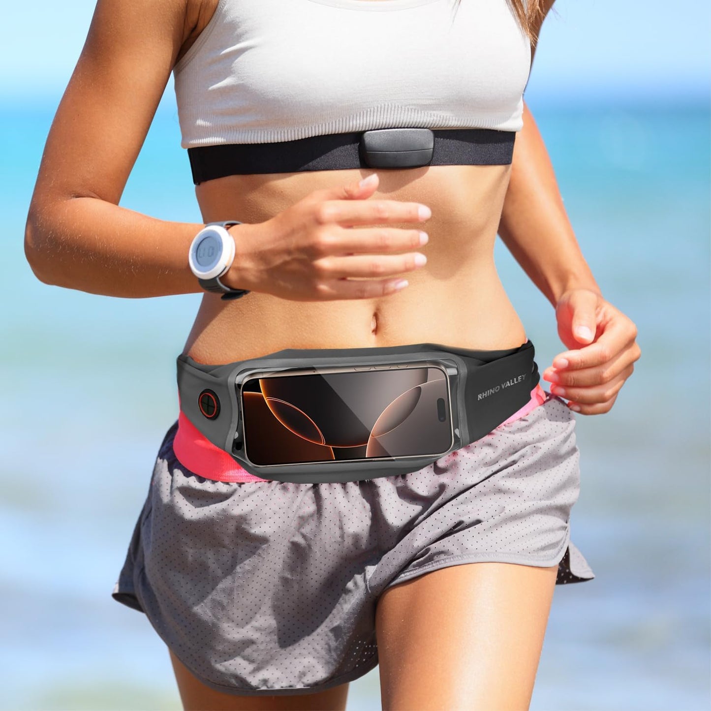 Rhino Valley Running Belt Runners Gifts, Money Belt Phone Holder for Running Hiking Walking Workout Gym Accessories Black Waterproof Fanny Pack for Women Men,Waist Belt Bag with Touchscreen Reflective