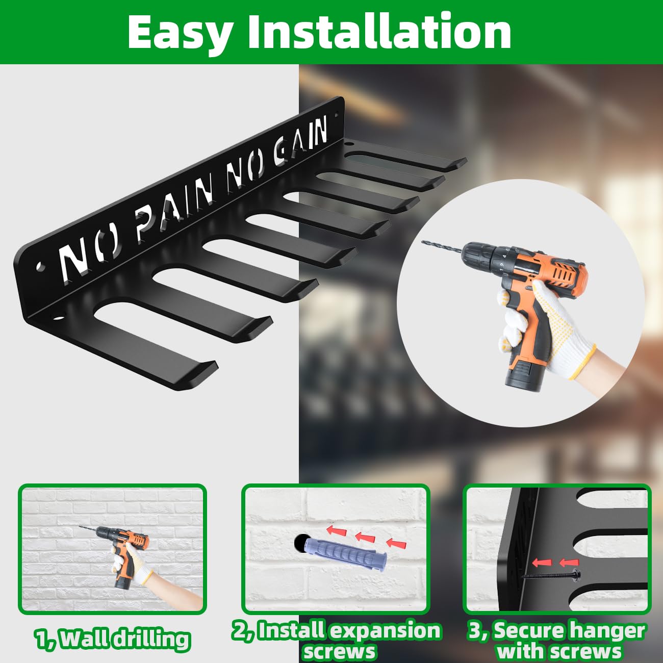 Home Gym Accessories Organization Storage Rack Equipment For Home 8 Hook Wall Hanger Display Gear Barbells Resistance Bands Jump Ropes Lifting Belt Hanger Accessories Hardware Included (No Pain No Gain M)